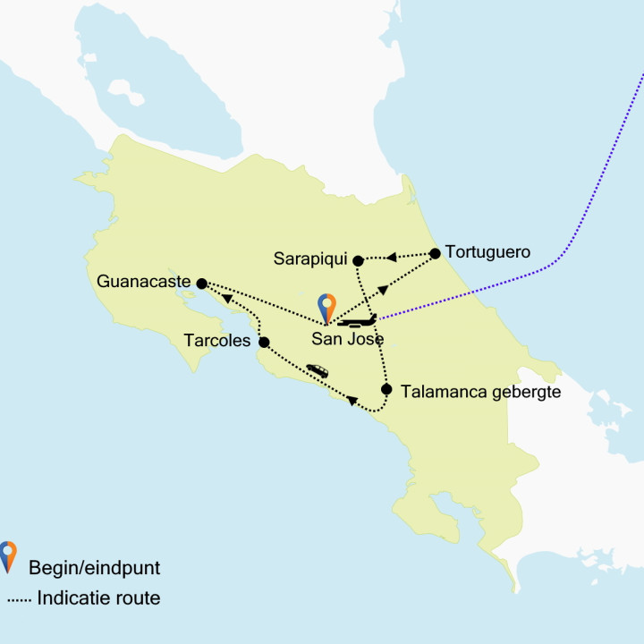Kaart Costa Rica natuurreis